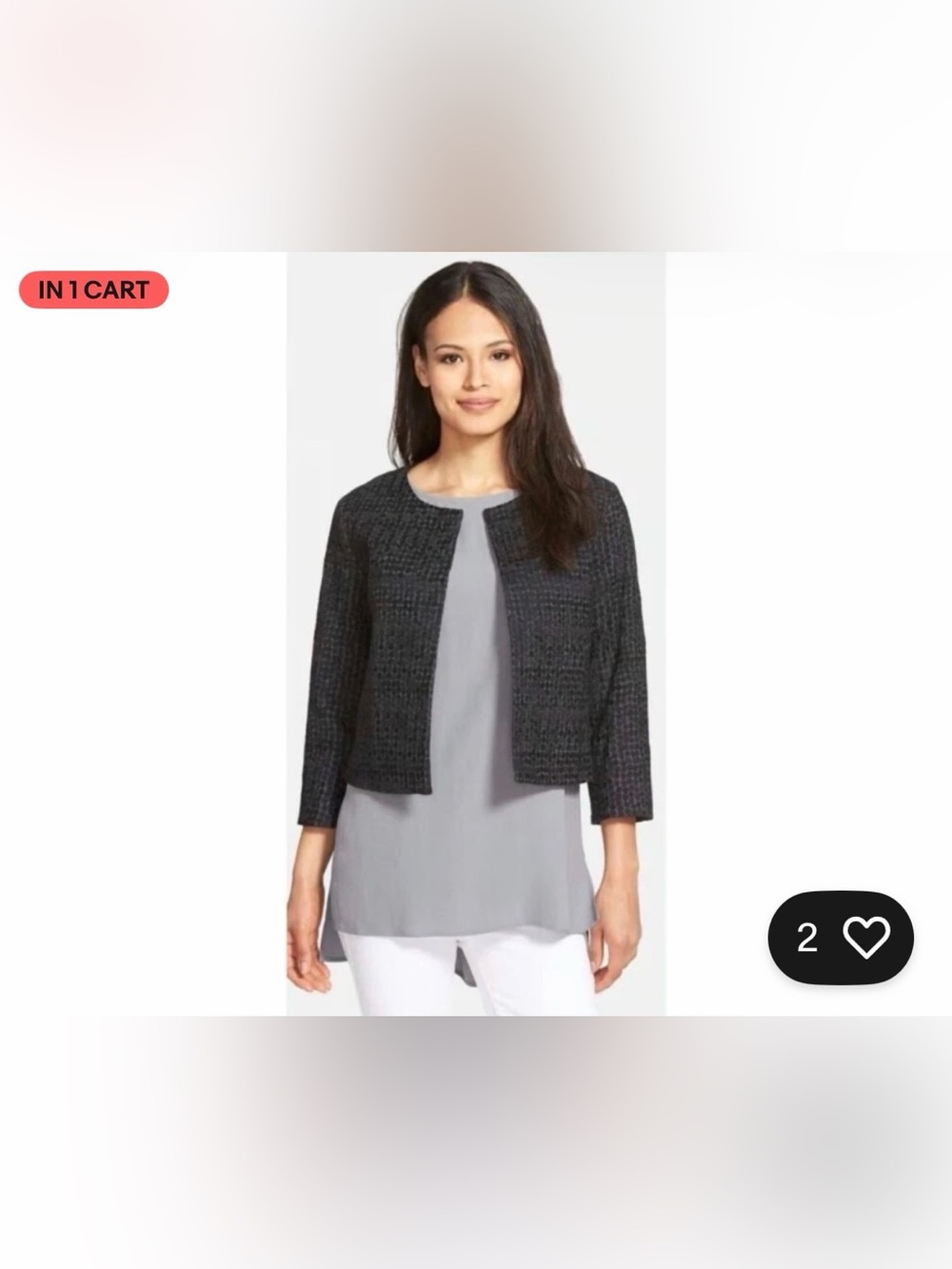 Eileen Fisher black organic cotton embroidered open front petticoat blazer XXS